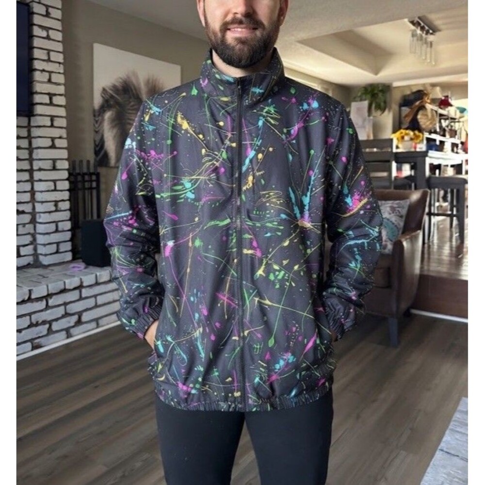 Funny Guy XXL-B&T Paint Splatter Windbreaker Zip Jacket Black Neon Multicolor ￼